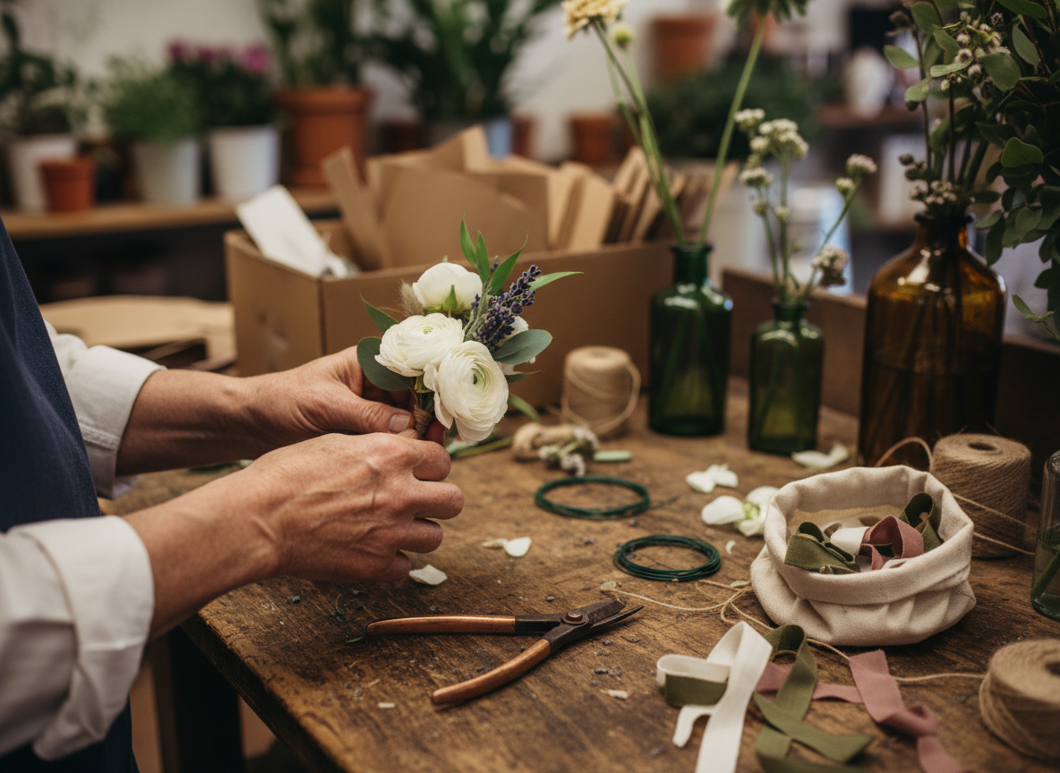 Fresh flowers and florist's tools arranged on a shop work surface